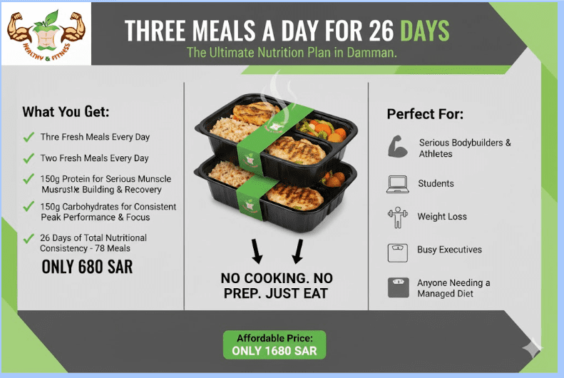 Three meals a day for 26 days meal plan with high protein and carbs delivered in Dammam Three meals a day for 26 days meal plan with high protein and carbs delivered in Dammam